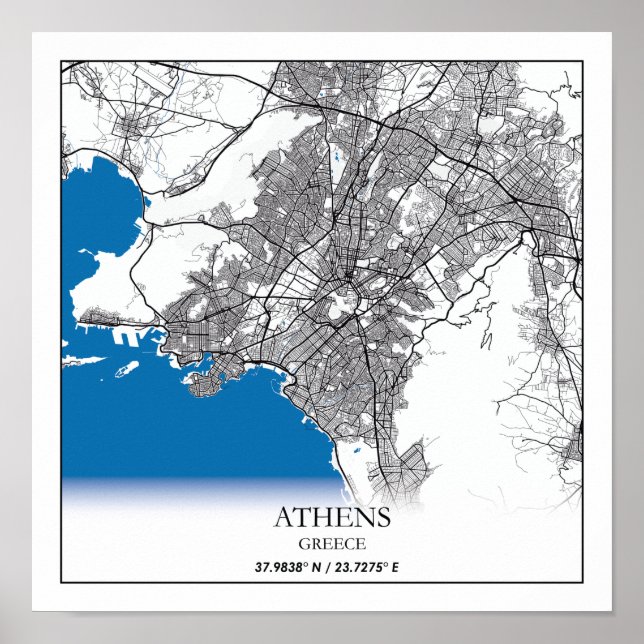 Poster Athènes Grèce City Plan Voyage Simple Minimal (Devant)