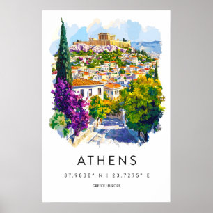 Poster Athènes Parc d'aquarelle Ski Voyage National Vinta