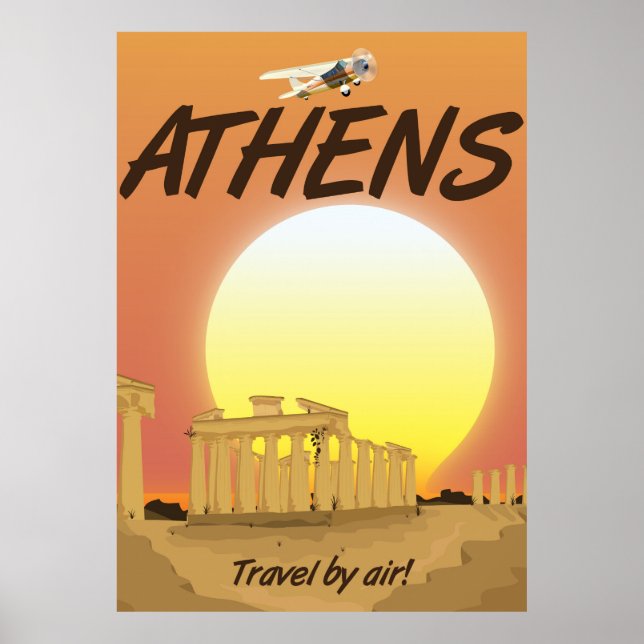 Poster Athènes "Voyage par avion" Golden Sunset (Devant)