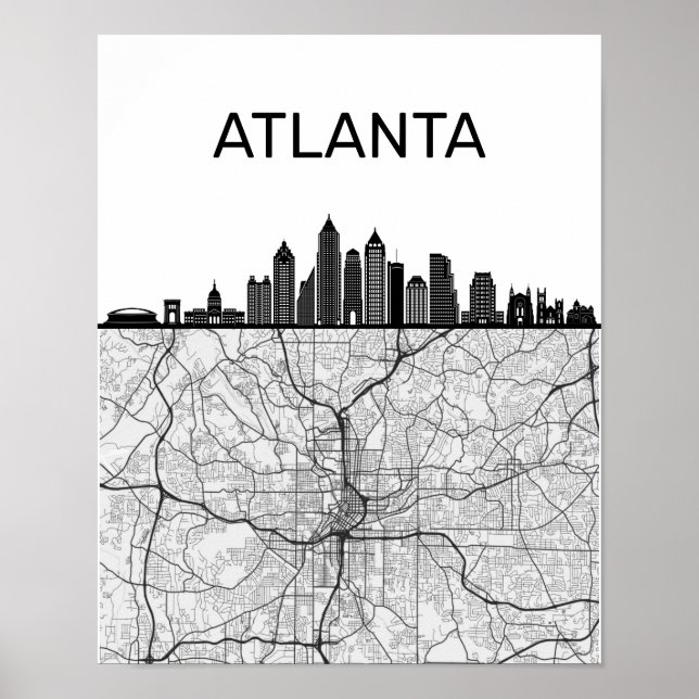 Poster Atlanta Georgia City Skyline avec carte (Devant)