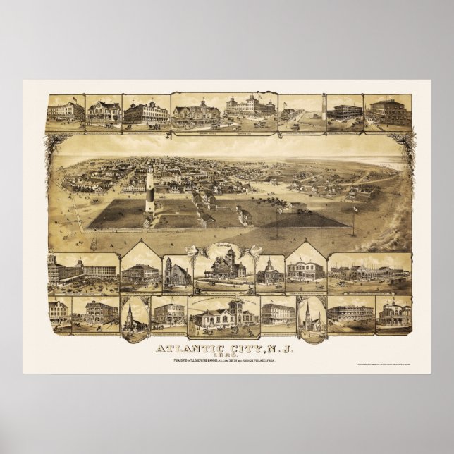 Poster Atlantic City, NJ Carte panoramique - 1880 (Devant)