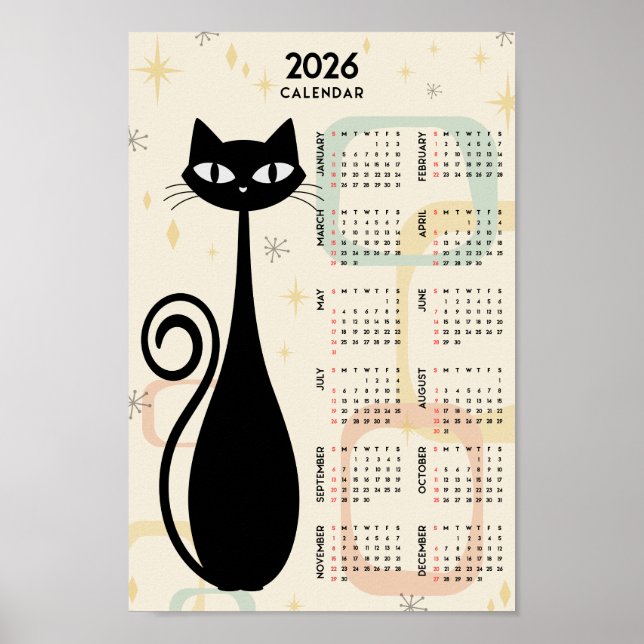 Poster Atomique Rétro Chat Noir Mid Century 2026 Calendri (Devant)