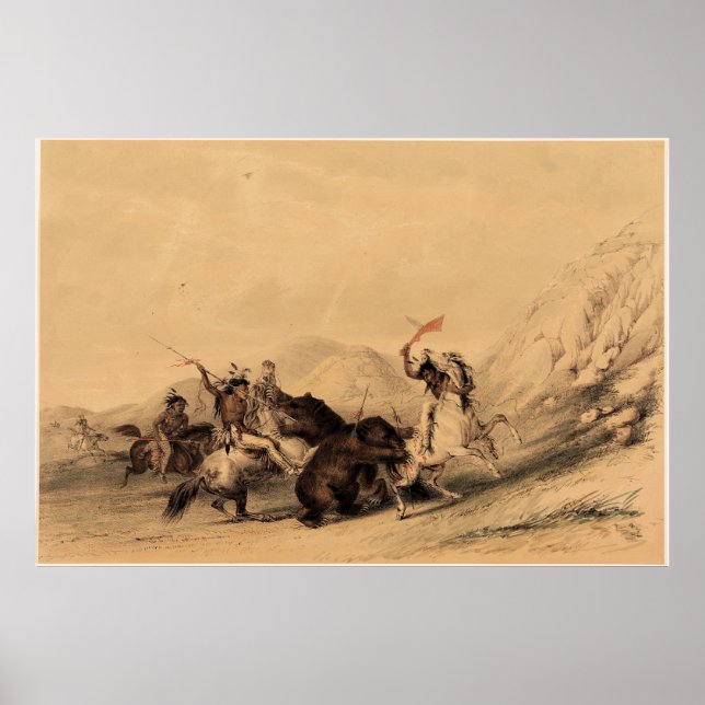 Poster Attaquer l'ours grizzli, 1844 George Catlin (Devant)