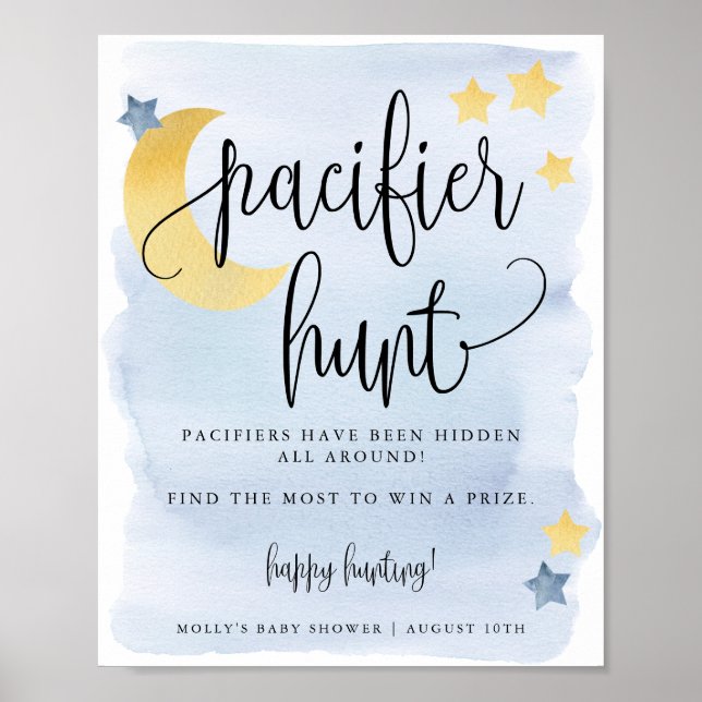 Poster Au-dessus de la lune, Baby shower bleu Jeu de chas (Devant)
