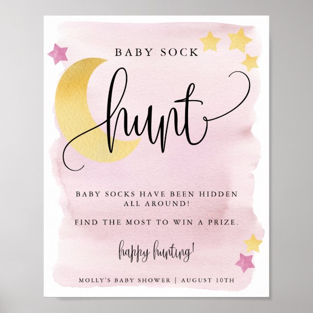 Poster Au-dessus de la lune Baby shower rose Baby Chasse  (Devant)