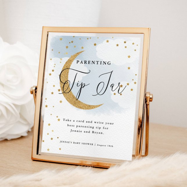 Poster Au-dessus de la lune Bleu Conseils parentaux Baby  (Over the Moon Blue, Parenting Tip Jar Display Sign for Baby Shower)