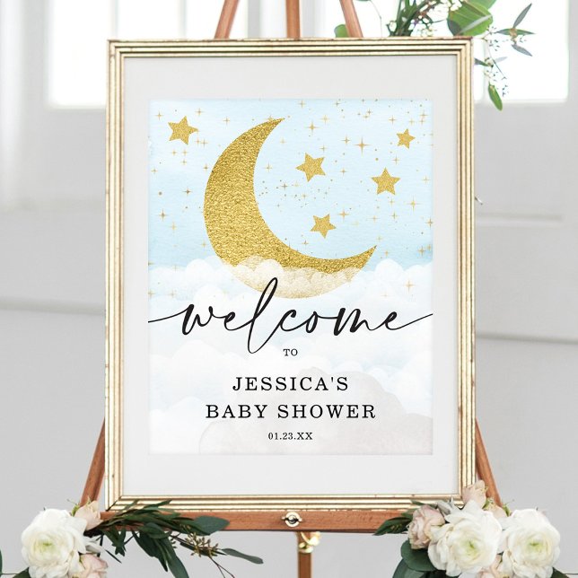 Poster Au-Dessus De La Lune Boy Baby shower Bleu Bienvenu (Créateur téléchargé)