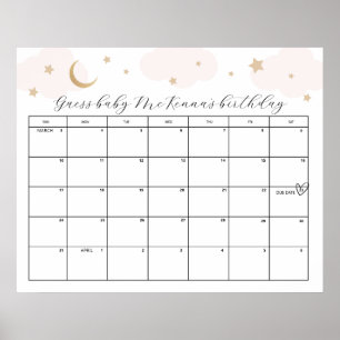 Poster Au-dessus de la lune rose Baby shower date d'échéa