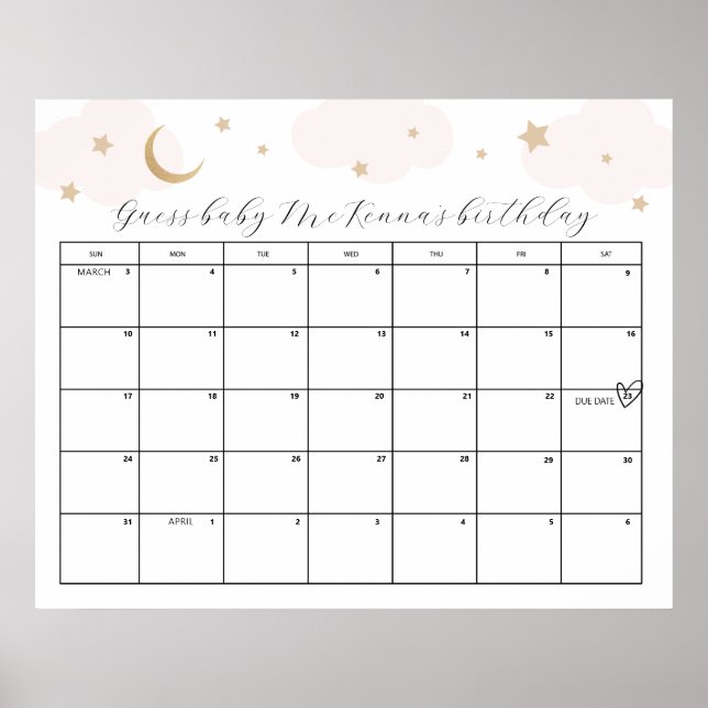 Poster Au-dessus de la lune rose Baby shower date d'échéa (Devant)