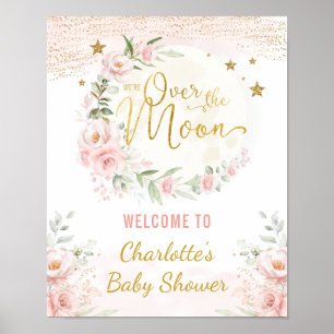 Poster Au-dessus de la lune rose or Baby shower Floral Bi