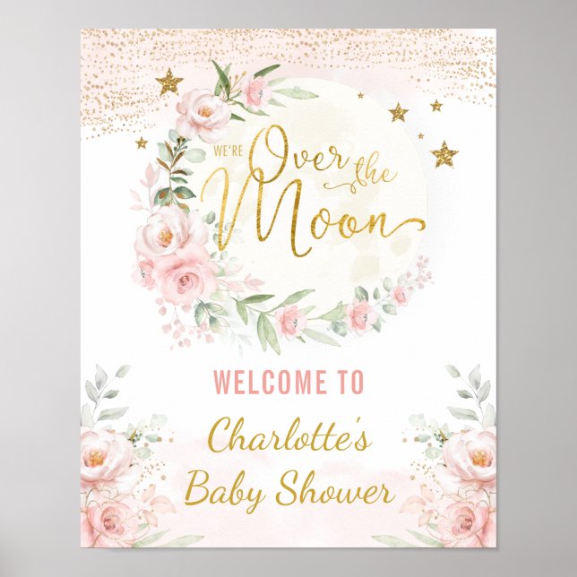 Poster Au-dessus de la lune rose or Baby shower Floral Bi (Devant)
