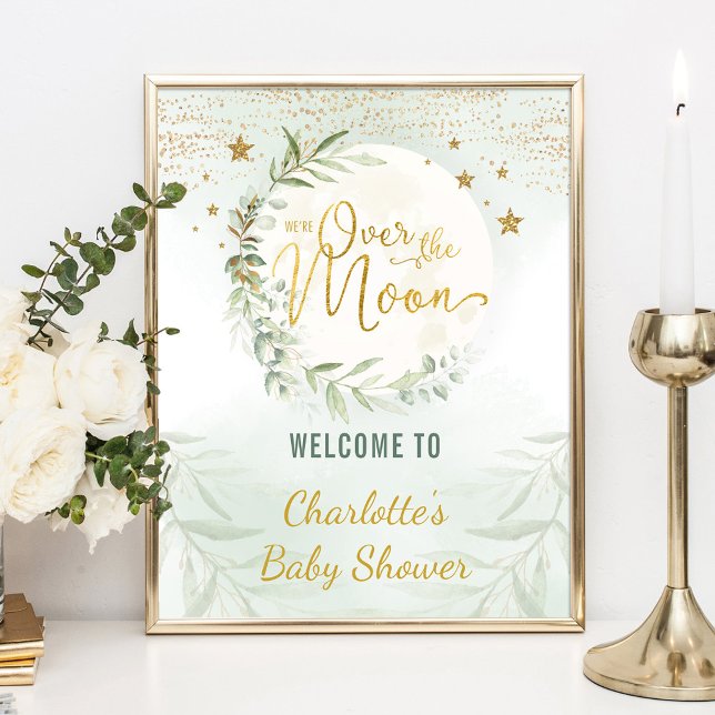 Poster Au-dessus de la lune verdure Baby shower or Bienve (Créateur téléchargé)