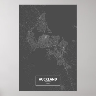 Poster Auckland, Nouvelle-Zélande (blanc sur noir)