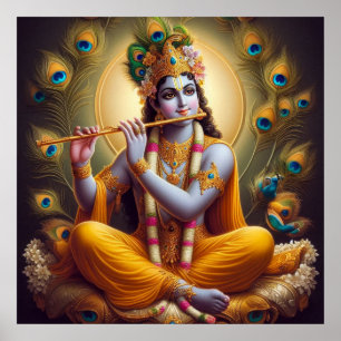 Poster Aura de paon Krishna Flûte Art divin