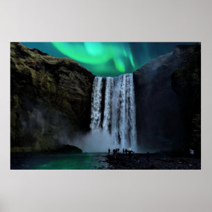 Poster Aurora Borealis À La Cascade Skógafoss, Islande
