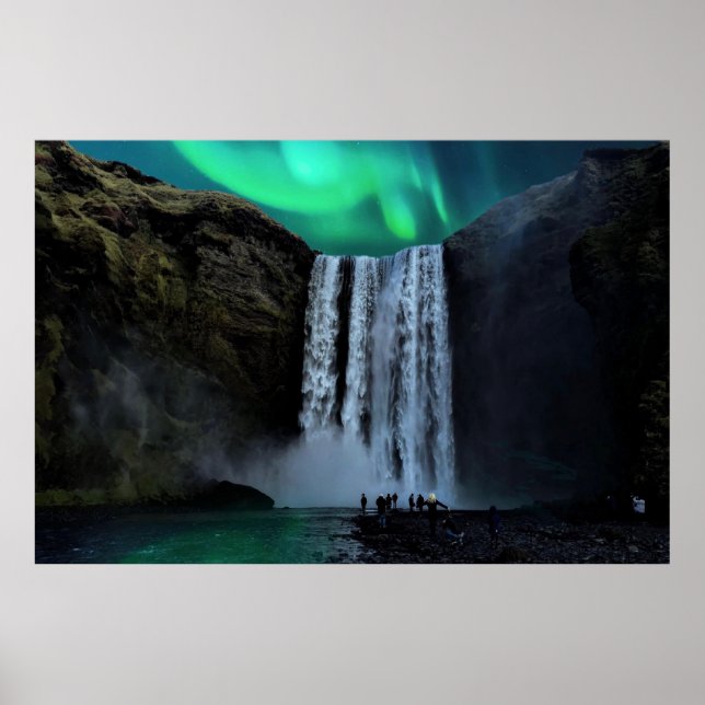 Poster Aurora Borealis À La Cascade Skógafoss, Islande (Devant)