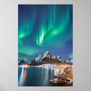 Poster Aurora nuit sur le pont à Reine sur Lofoten