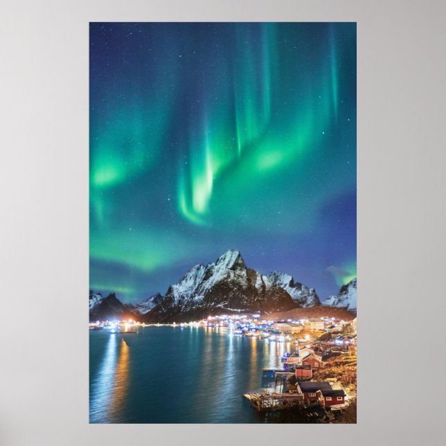 Poster Aurora nuit sur le pont à Reine sur Lofoten (Devant)