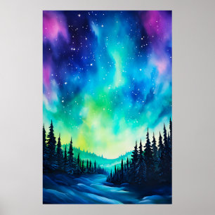 Poster Aurore boréale aquarelle Lumières du Nord 