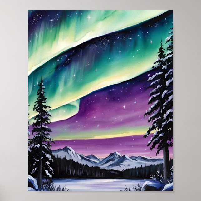 Poster Aurore boréale sur une forêt enneigée, pins, paysa (Devant)