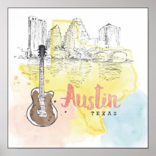 Poster Austin, croquis d'aquarelle du Texas  