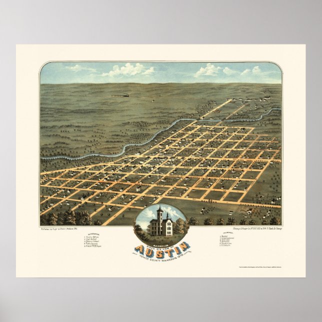 Poster Austin, MN Carte panoramique - 1870 (Devant)