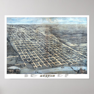 Poster Austin, Texas Antique Aerial City Carte de 1873