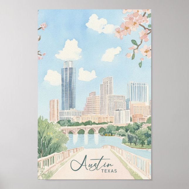 Poster Austin Texas Gouache Peinture Illustration Voyage (Devant)