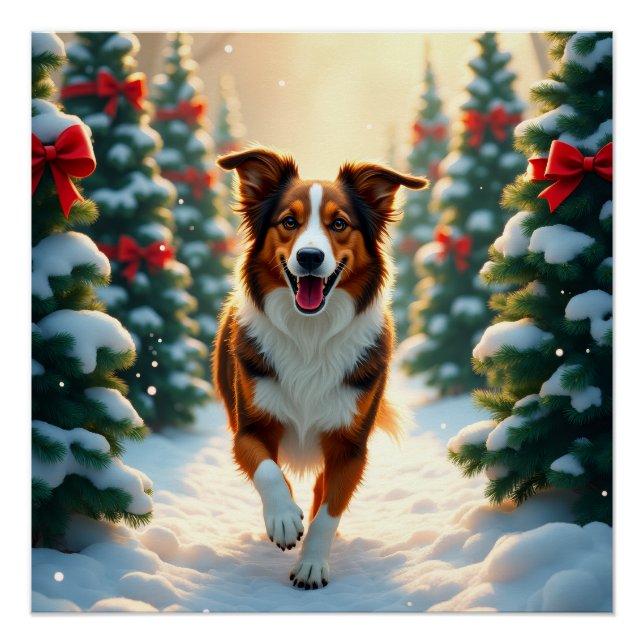 Poster Australian Shepherd Christmas Tree Farm Painting (Devant)