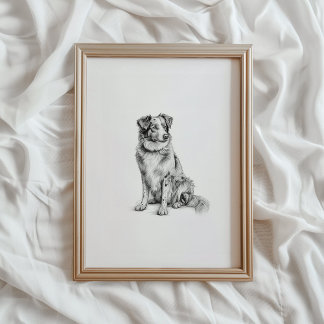 Poster Australian Shepherd Print, Aussie Dog Sketch, PRIN