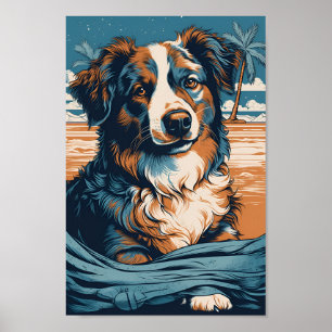 Poster Australian Shepherd sur une plage tropicale
