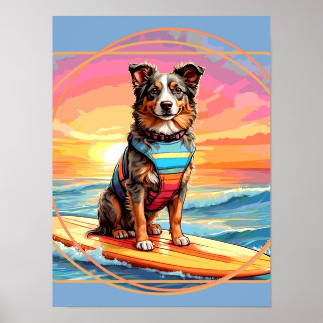 Poster Australian Shepherd Surfing (Devant)