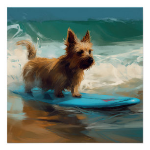 Poster Australian Terrier Beach Surfing Paining