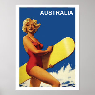Poster Australie, fille surfeuse sur la plage, vintage