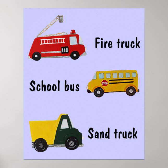 Poster Autocar scolaire, camion de pompiers et camion de  (Devant)