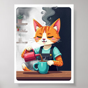 Poster Autocollant de chat barista fatigué addict au café