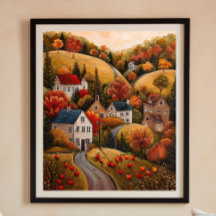 Automne Apple Harvest Folk Art Peinture à l'huile 