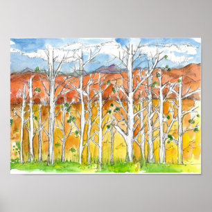 Poster Automne Aspen Tree Grotte Aquarelle Art