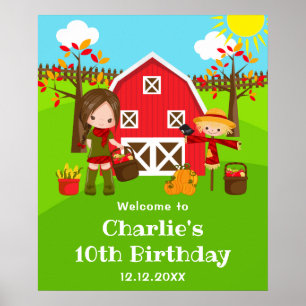Poster Automne Barnyard Anniversaire Brown Cheveux Fille