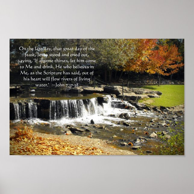 Poster Automne Cascade Scène Jean 7:37 Bible Verse (Devant)
