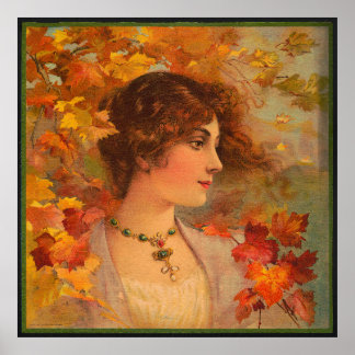 Poster Automne Chromolithographe Portrait Antique