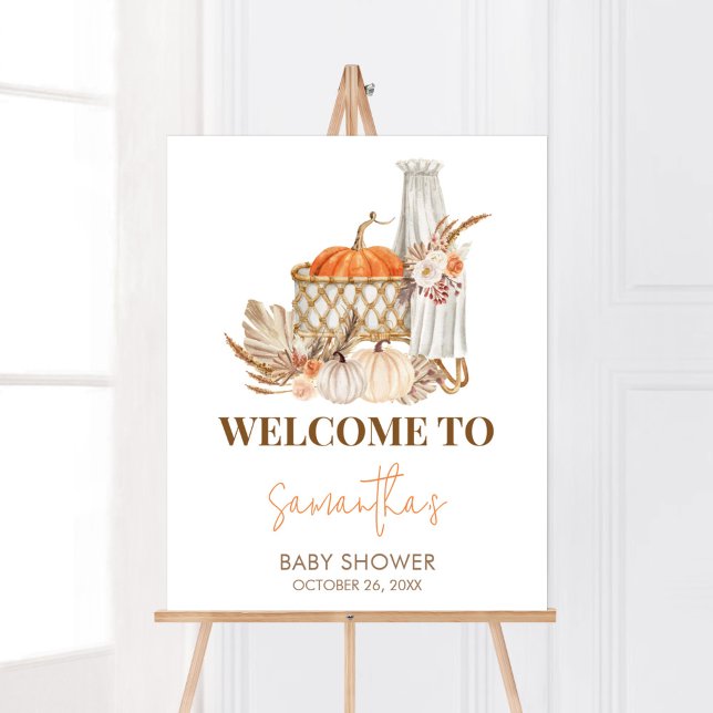 Poster Automne Citrouille Automne Chute en Amour Baby sho (Boho Orange Pumpkin Baby Shower Welcome Sign)