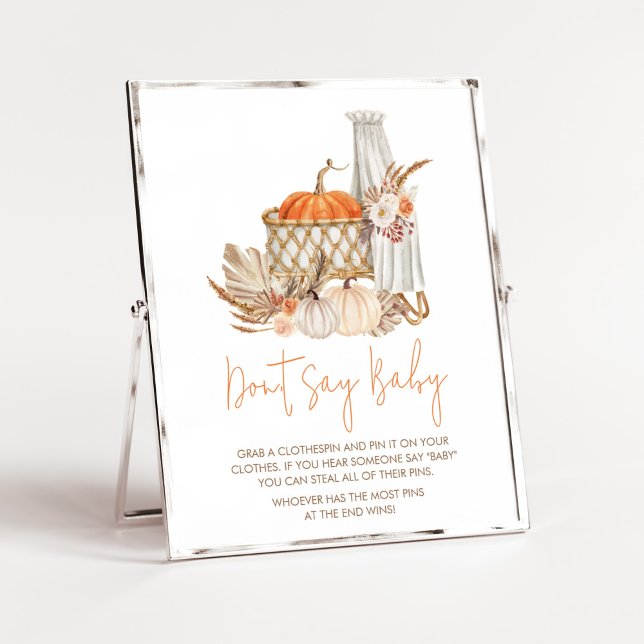 Poster Automne Citrouille tomber amoureux Ne pas dire béb (Boho Orange Pumpkin Baby Shower Don't Say Baby Sign)