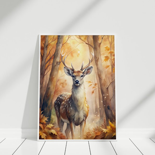 Poster Automne de cerfs de bois - OEuvre murale inspirée  (Woodland Deer Autumn – Nature-Inspired Wall Art in a white wooden frame)