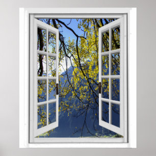 Poster Automne Feuilles d'automne Vue Montagne Fenêtre Fa