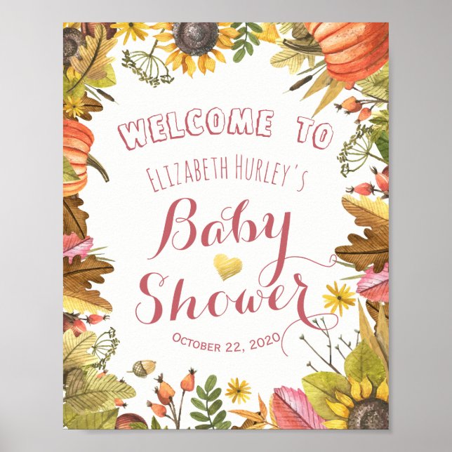 Poster Automne Feuilles et Baby showers Citrouilles Accue (Devant)
