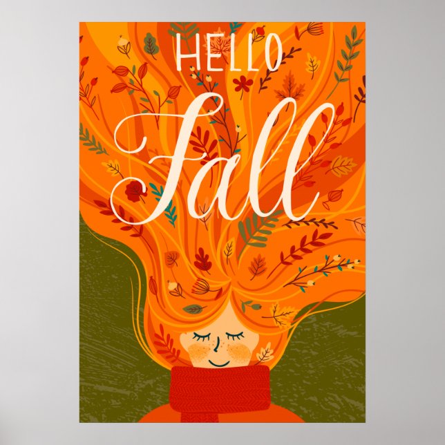 Poster Automne fille Cheveux rouges, feuille (Devant)