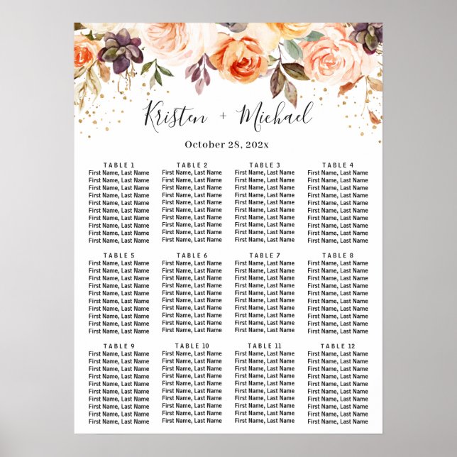 Poster Automne Floral Gold Parties scintillant Mariage Ca (Devant)