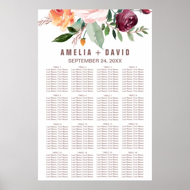 Poster Automne Floral Rose Gold Light Seize Chart (Devant)