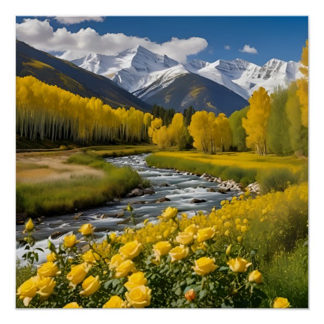 Poster Automne Jaune Montagnes neigeuses Aspen River (Devant)